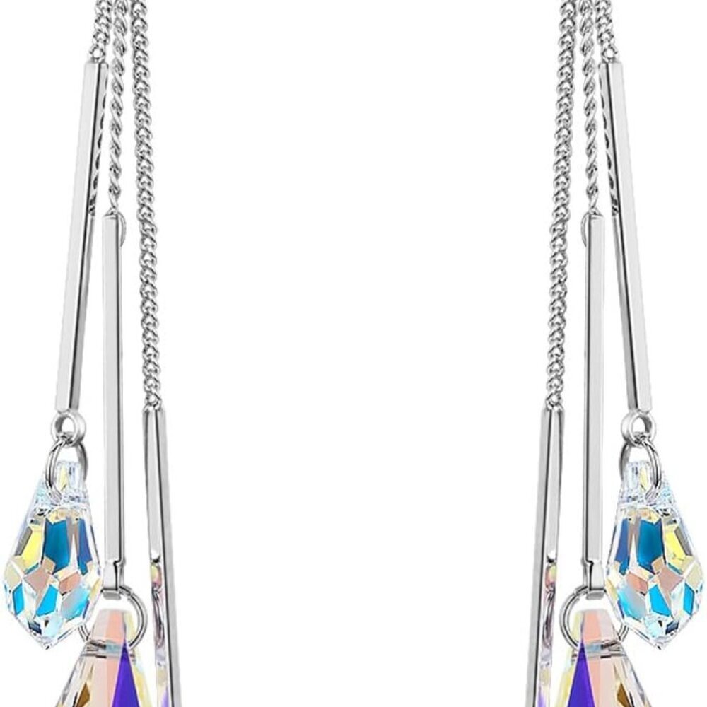 Women Crystal Earrings Aurora Borealis Long Platinum Plated Elegant Gift - Picture 1 of 6